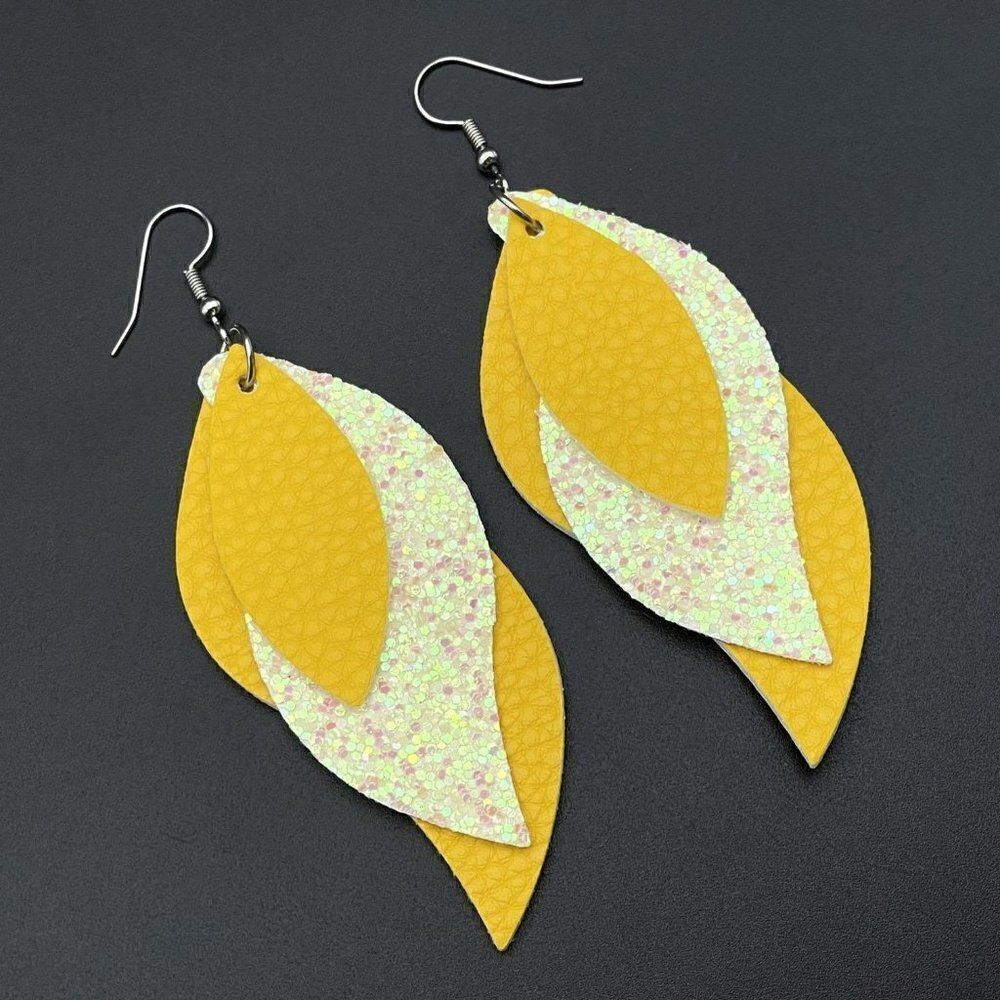 Yellow Faux Leather with Sequin Layered Leaf 316L Stainless Steel Hook Earrings